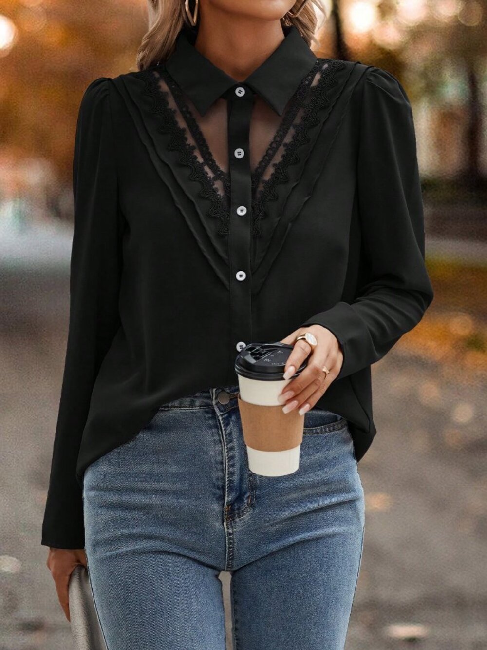Black Elegant Women's Contrast Lace Button Front Shirt Blouse